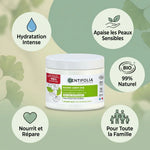 Baume corps hydratant Centifolia 200ml avec infographies bénéfices hydratation et soin naturel famille