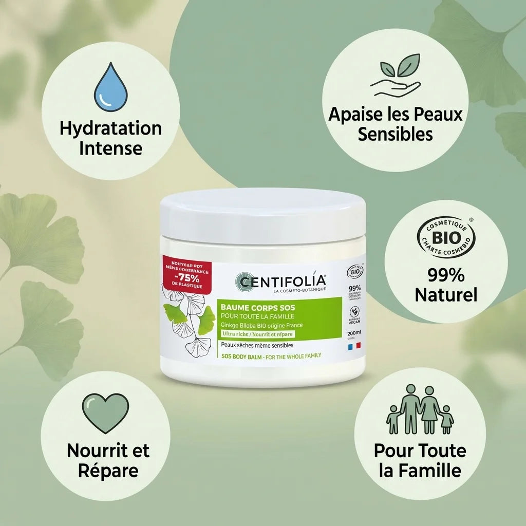 Baume corps hydratant Centifolia 200ml avec infographies bénéfices hydratation et soin naturel famille
