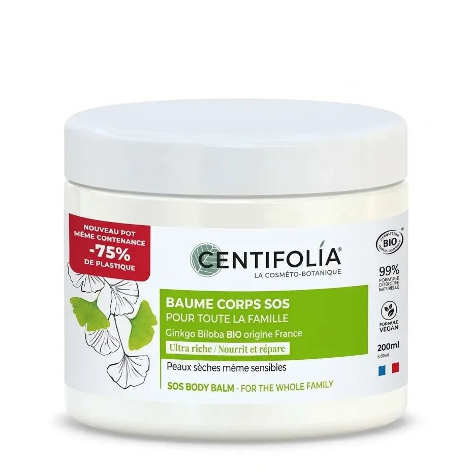 Baume corps hydratant SOS Centifolia 200ml pot blanc avec étiquette verte