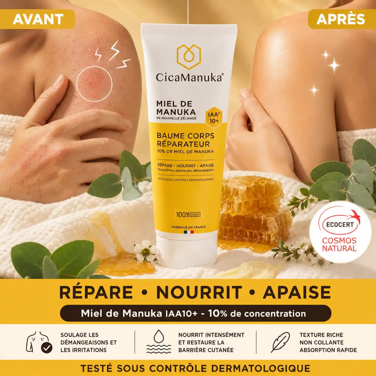 Baume corps miel de Manuka IAA10+ avant/après peau réparée et hydratée