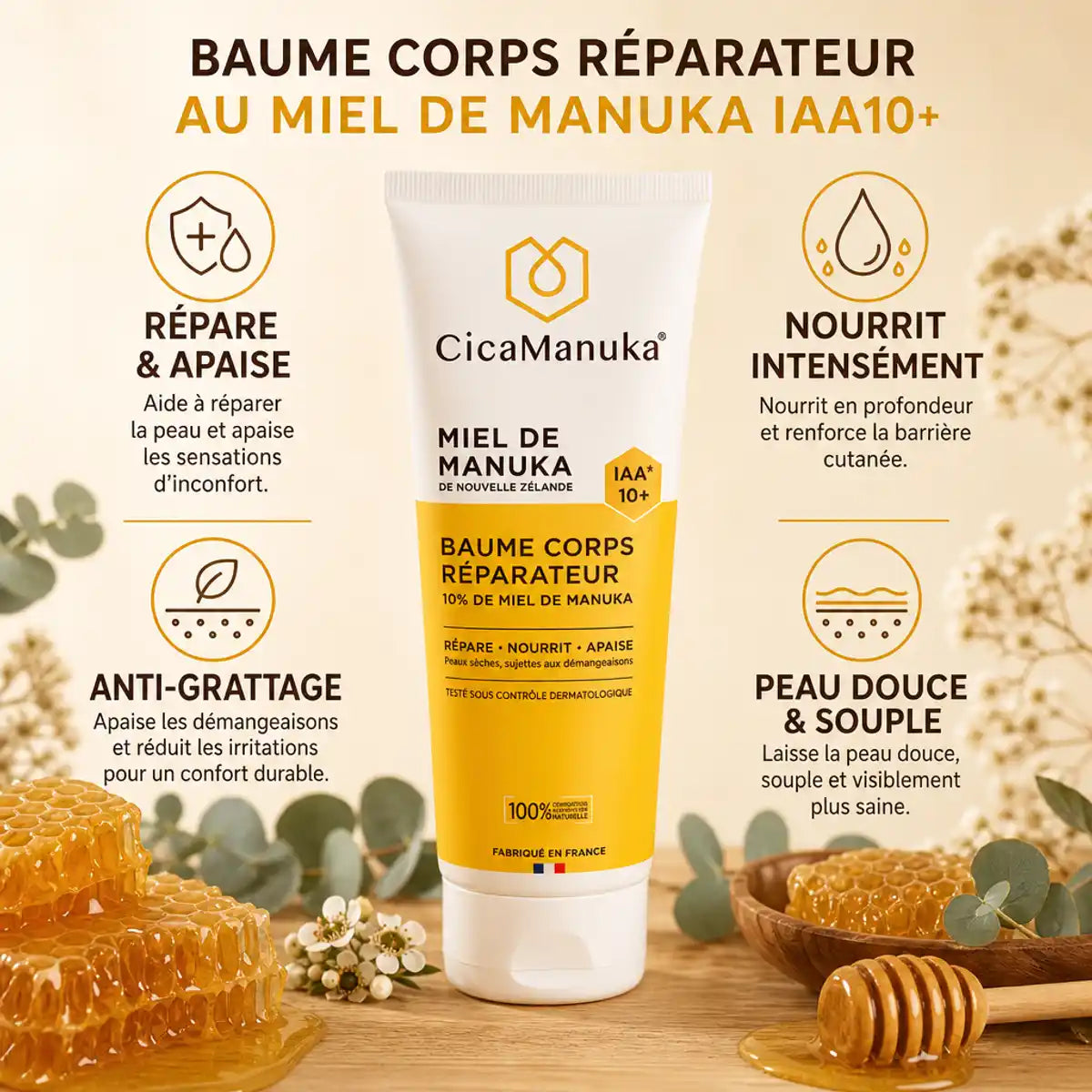 Baume Corps Réparateur Miel de Manuka iaa10+ 200ml CicaManuka tube packaging bénéfices