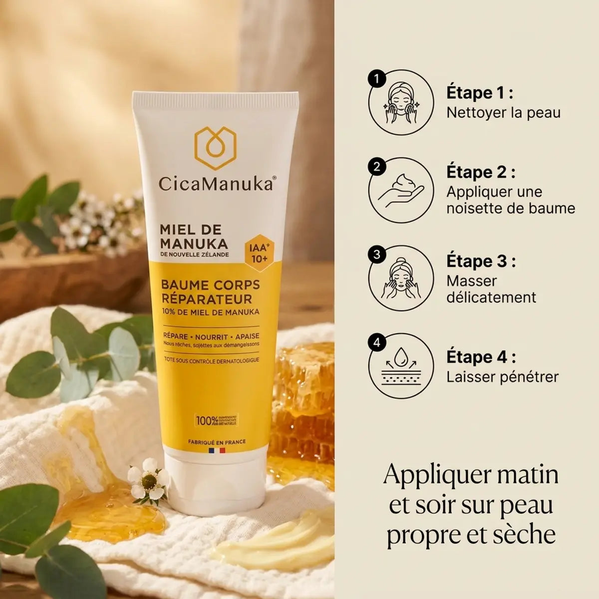 Baume Corps Réparateur Miel de Manuka IAA10+ CicaManuka 200ml avec guide d'utilisation