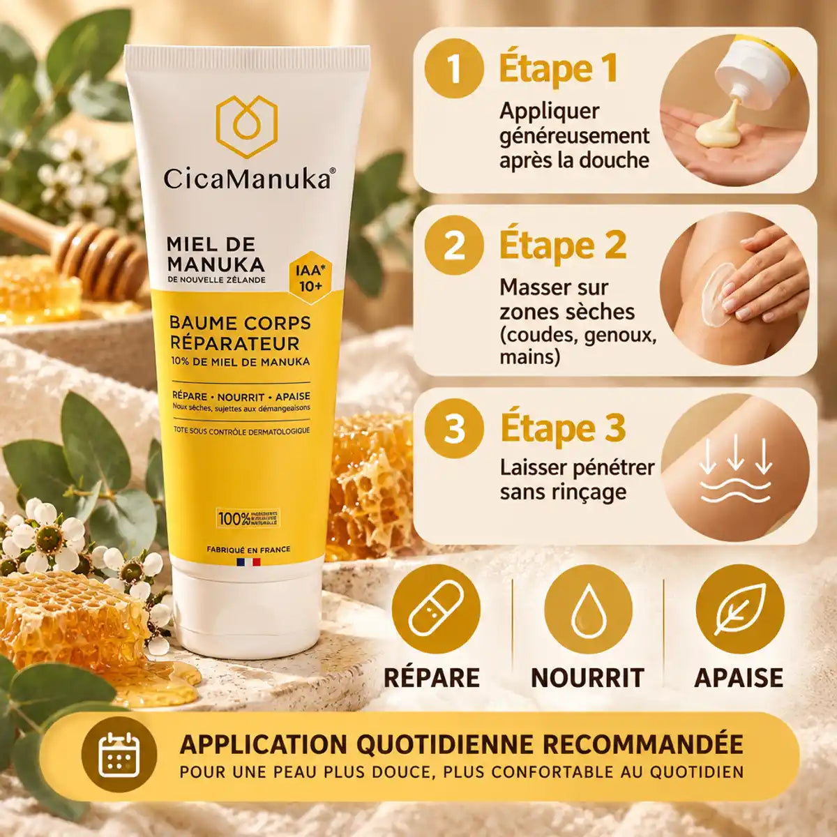 Baume corps CicaManuka miel IAA 10+ avec étapes d'application et bénéfices réparants affichés