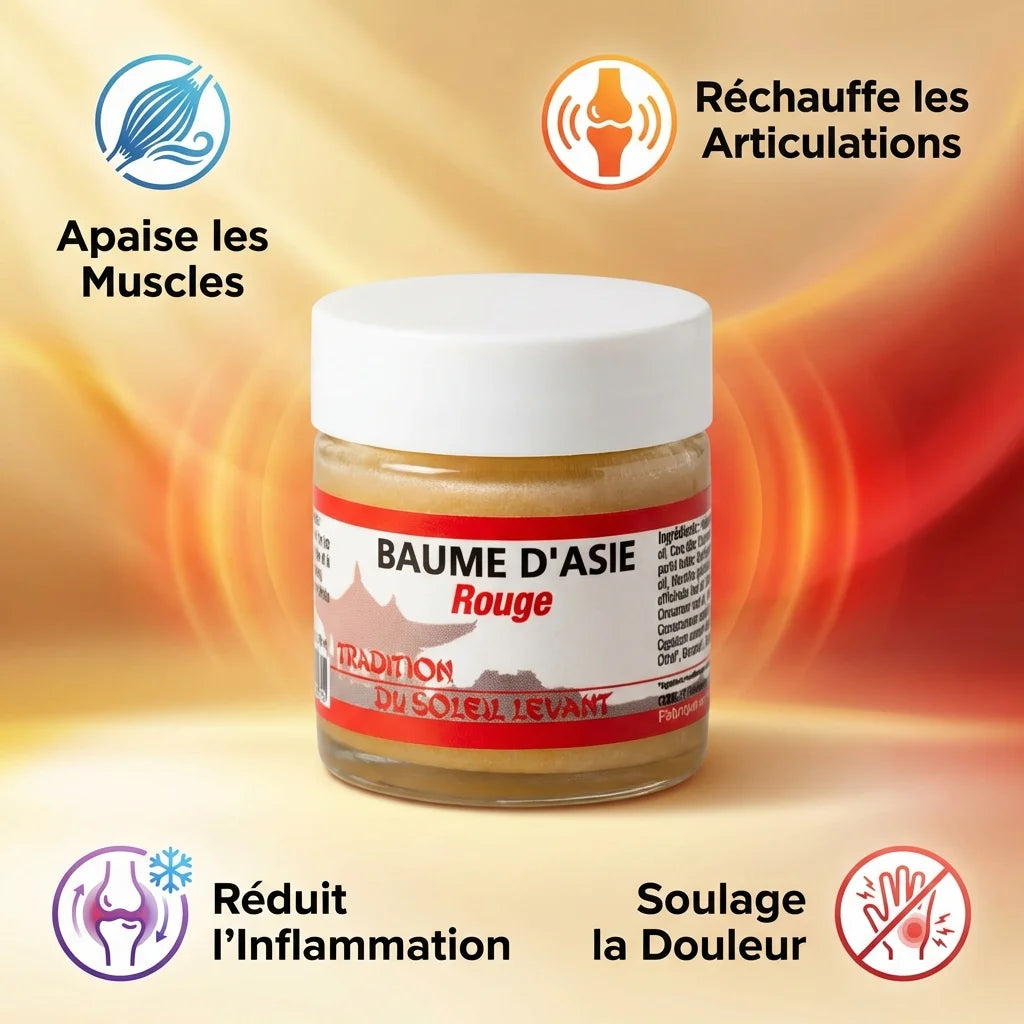 Baume d'Asie Rouge 30ml avec bénéfices : apaise muscles, réchauffe articulations, réduit inflammation, soulage douleur