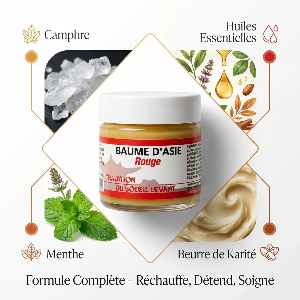 Baume d'Asie Rouge 30ml avec ingrédients naturels : camphre, huiles essentielles, karité et menthe