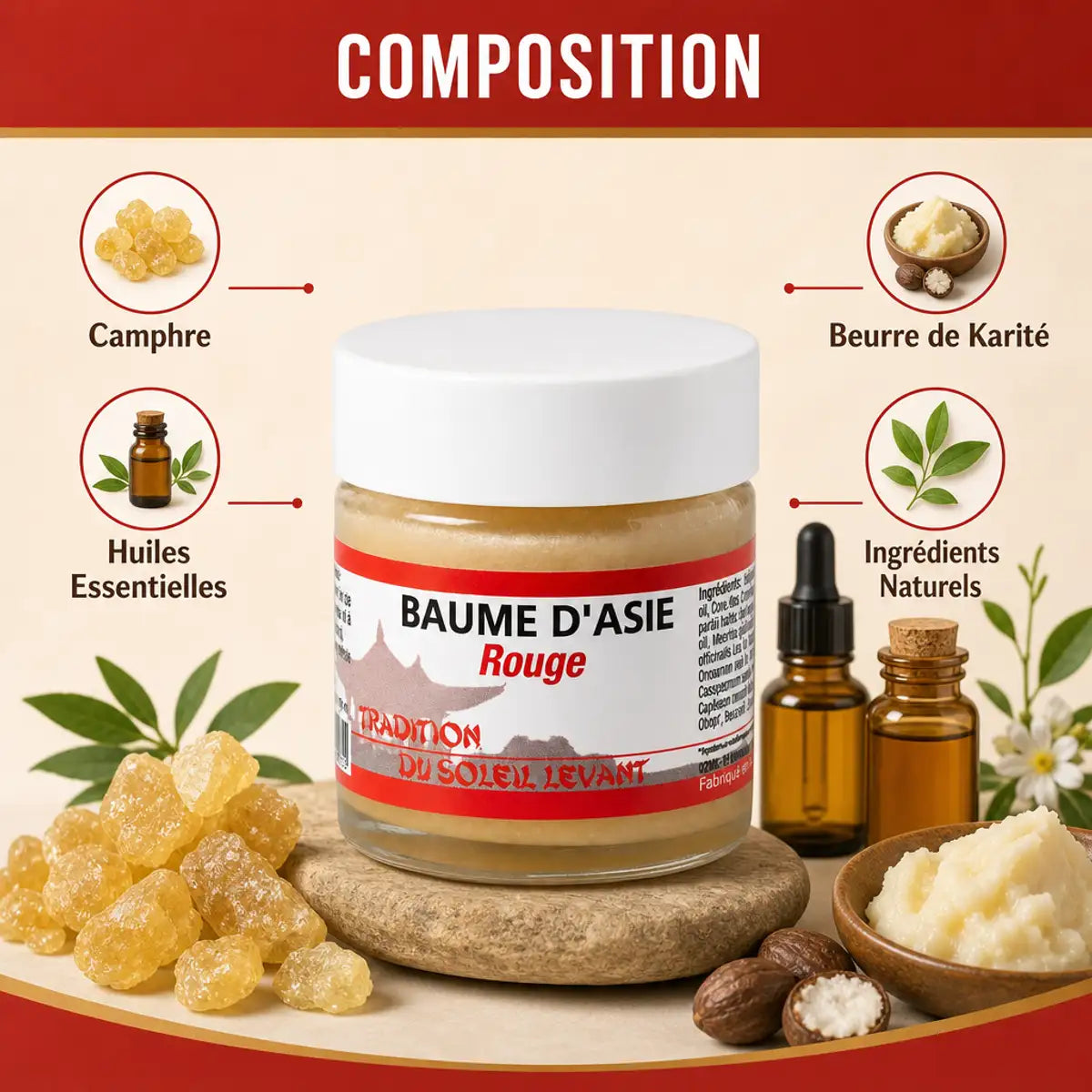 Baume d'Asie Rouge 30ml avec ingrédients naturels : camphre, huiles essentielles et beurre de karité
