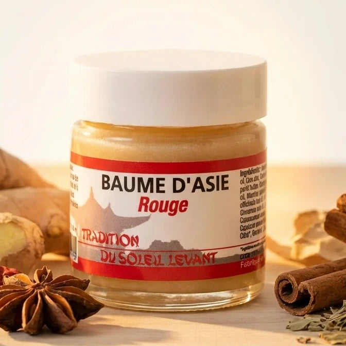 Baume d'Asie Rouge 30ml avec gingembre et herbes séchées, ambiance chaleureuse bien-être