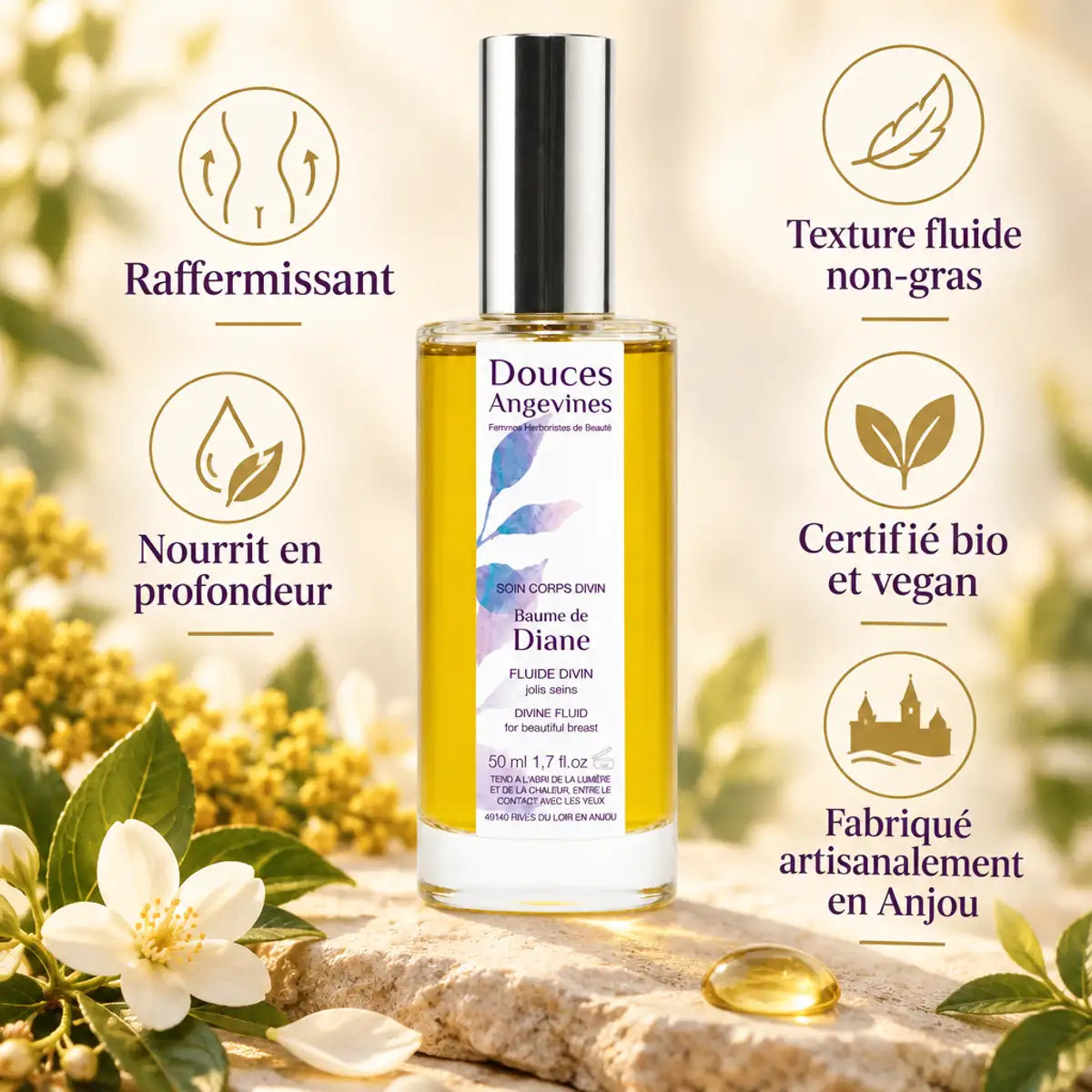 Baume de Diane bio Douces Angevines en bouteille avec bénéfices : raffermissant, nourrissant, texture fluide, vegan
