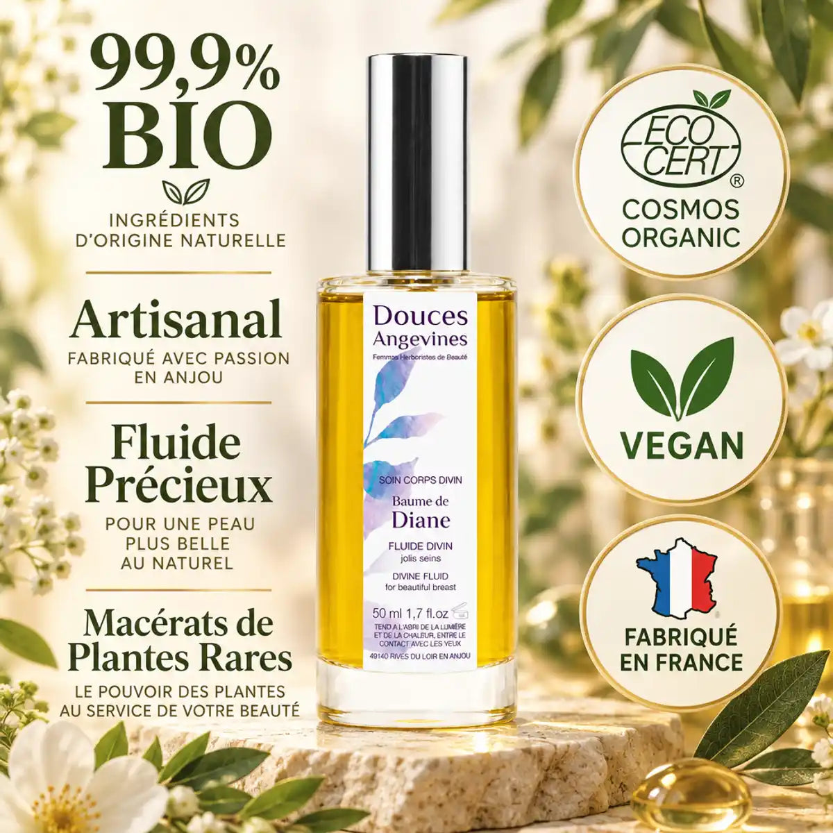 Baume de Diane bio certifié Cosmos Organic, vegan, fabriqué en France - Douces Angevines
