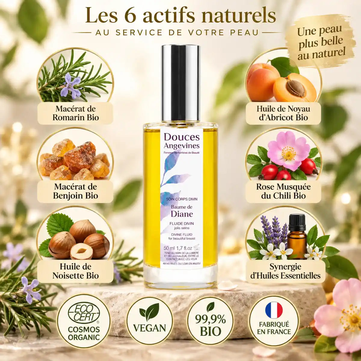 Baume de Diane certifié bio Douces Angevines avec ingrédients naturels et certifications COSMOS ORGANIC