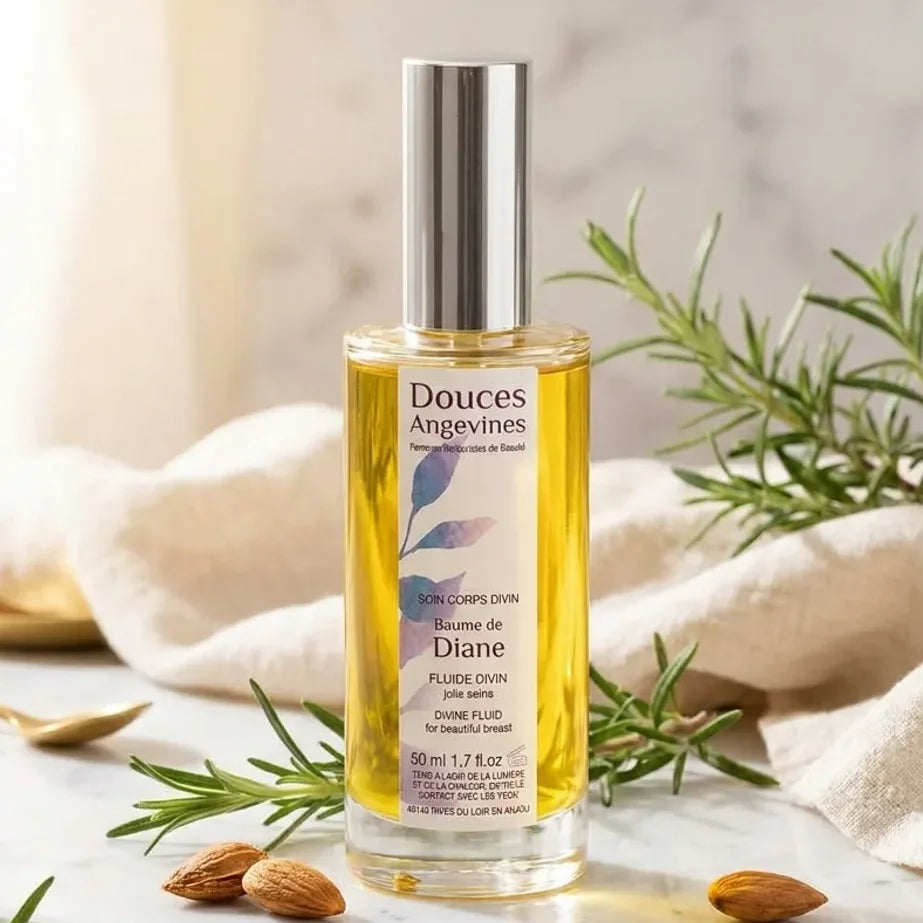 Baume de Diane bio Douces Angevines sur marbre avec botaniques et tissu lin, cosmétique naturel artisanal