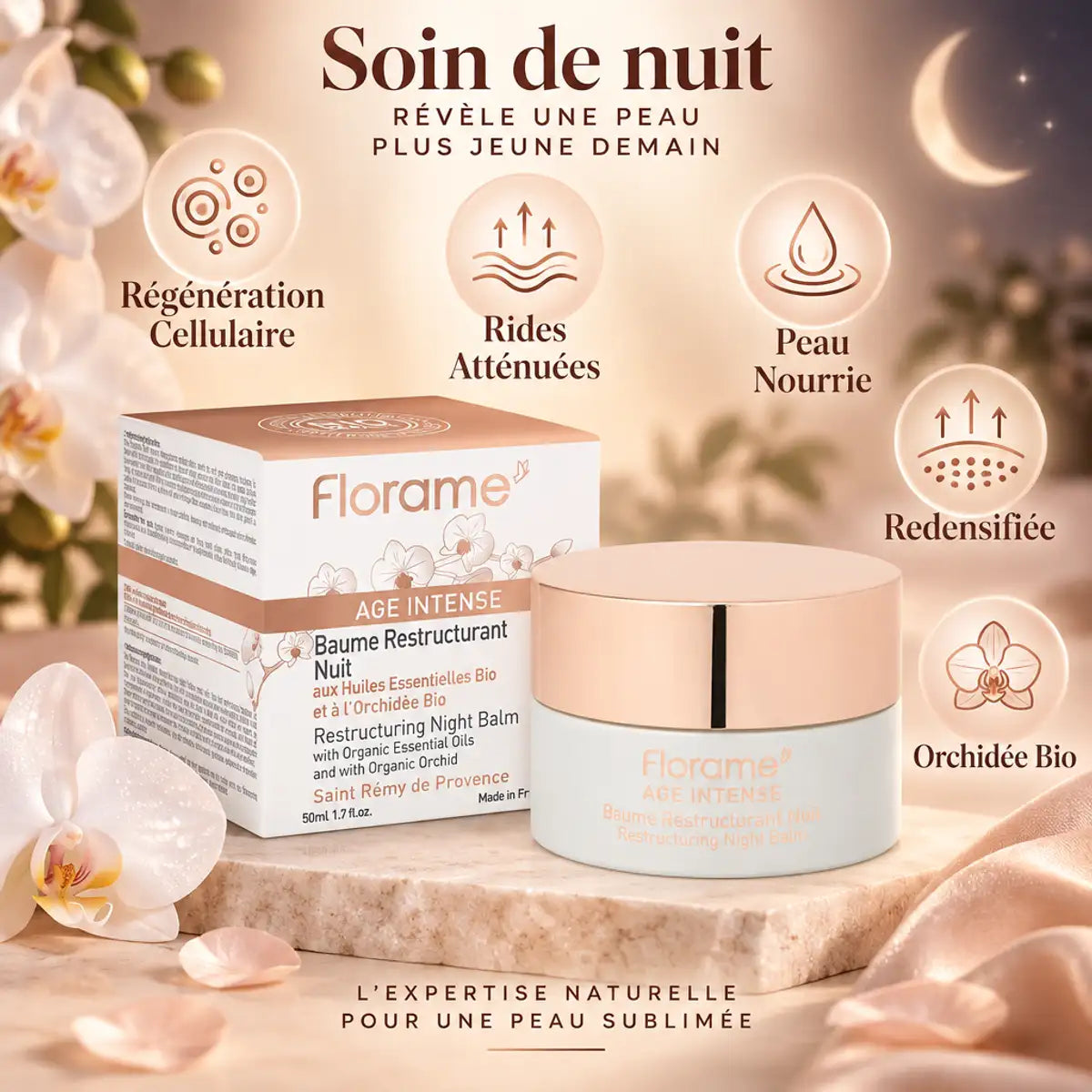 Baume de Nuit Bio Florame 50ml anti-âge avec bénéfices régénération et rides atténuées
