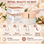 Baume de nuit bio Florame 50ml avec guide d'application anti-âge régénérant sur fond lumineux