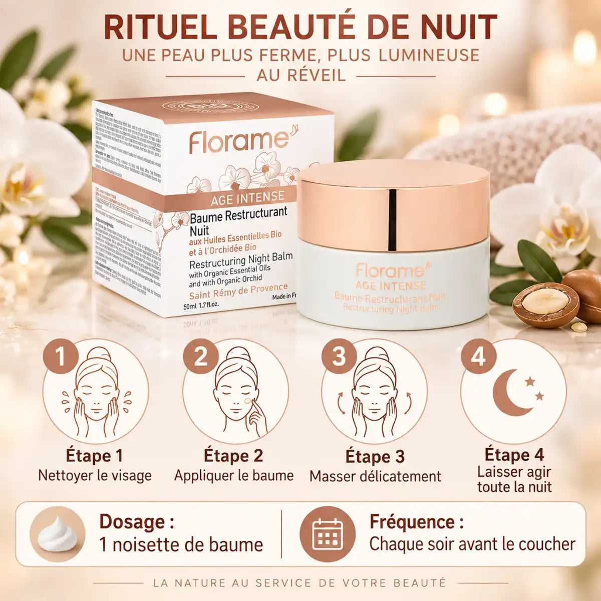 Baume de nuit bio Florame 50ml avec guide d'application anti-âge régénérant sur fond lumineux