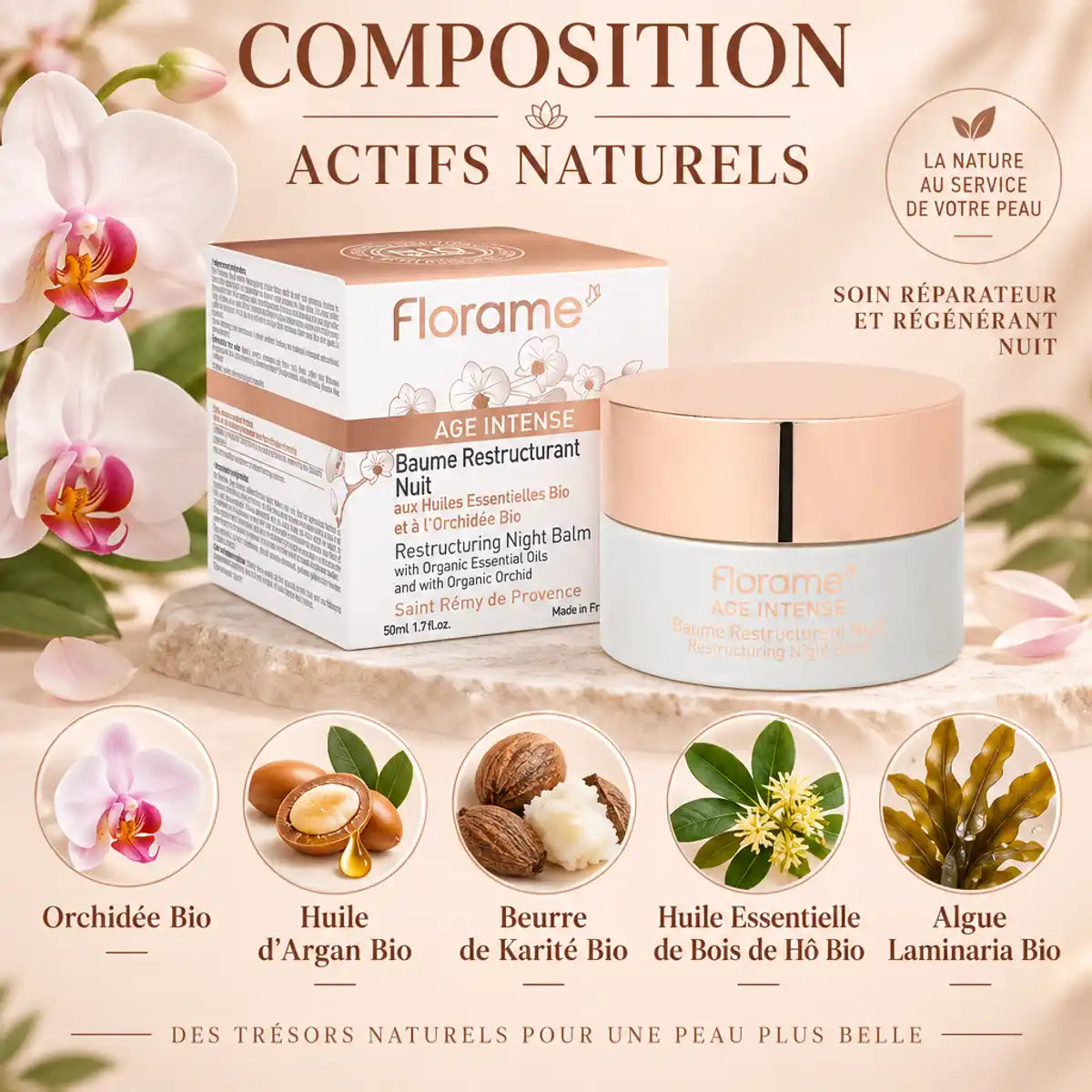 Baume de Nuit Bio anti-âge Florame 50ml avec ingrédients naturels: orchidée, argan, karité, bois de hô