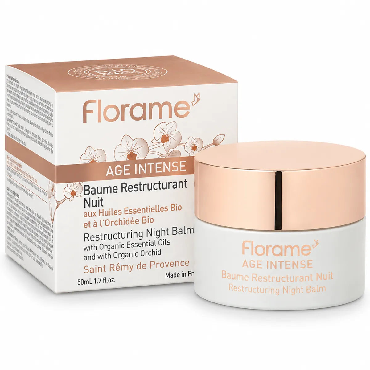 Baume de nuit bio anti-âge Florame 50ml avec pot et emballage sur fond blanc