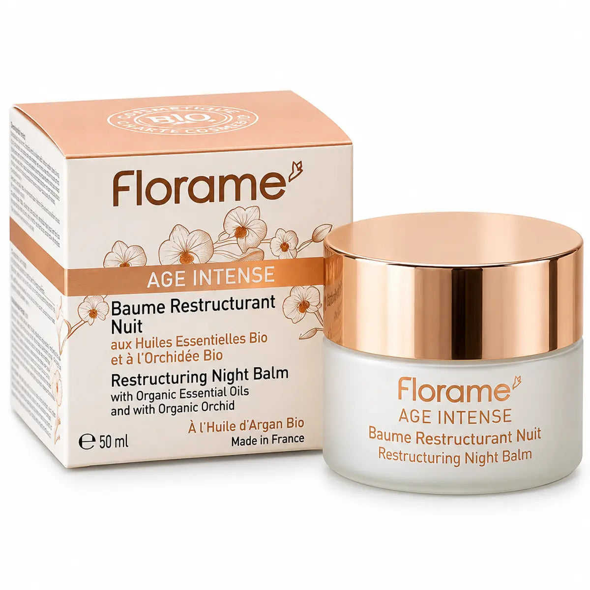 Baume de nuit bio Florame anti-âge 50 ml, pot en verre blanc givré et coffret rose doré, fond blanc
