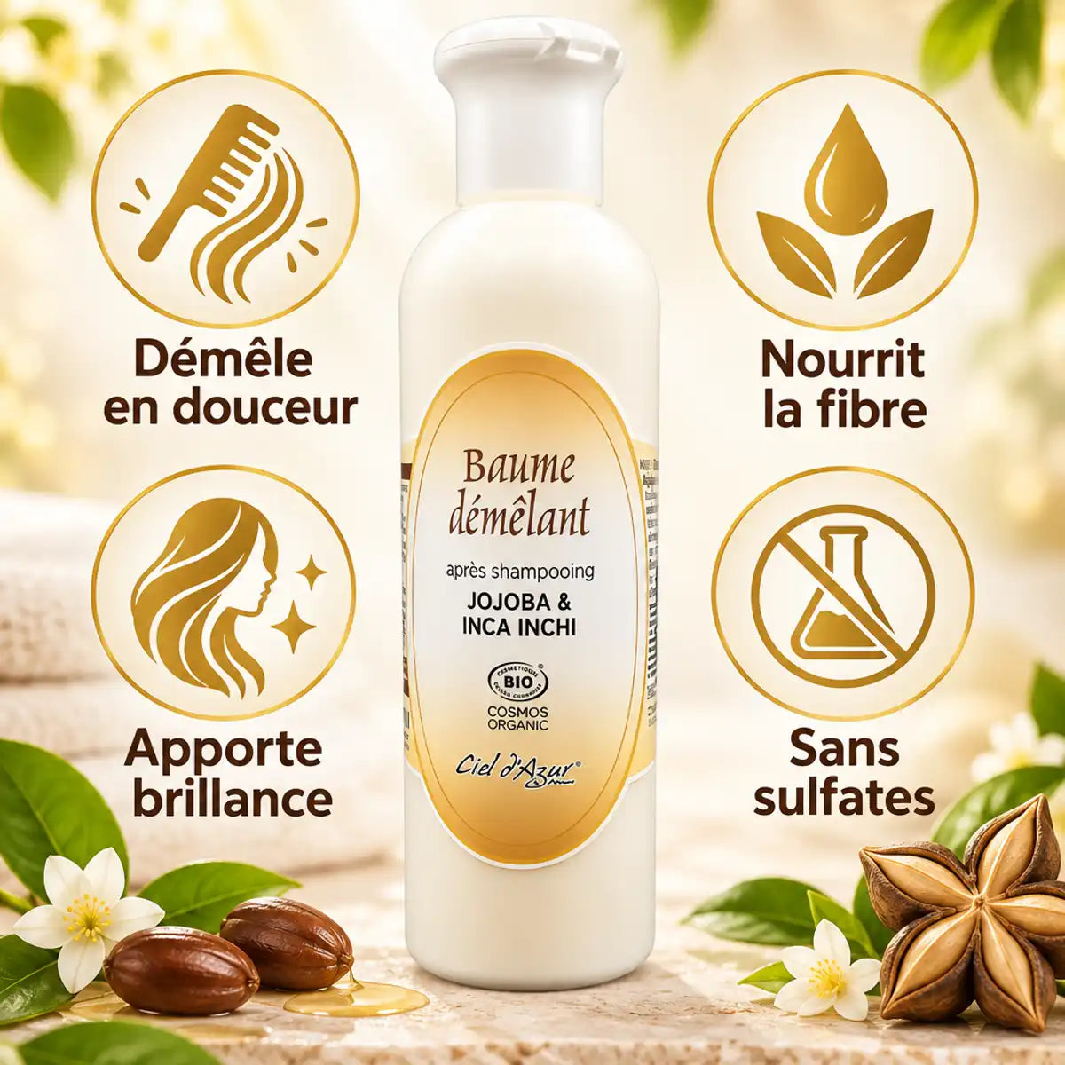 Baume démêlant bio Ciel d'Azur 250ml avec bénéfices : démêle, nourrit, brillance, sans sulfates