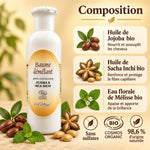 Baume démêlant bio Ciel d'Azur 250ml sur fond beige doré, entouré de graines de jojoba et de Sacha Inchi, avec fiches ingrédients bio et mention COSMOS ORGANIC