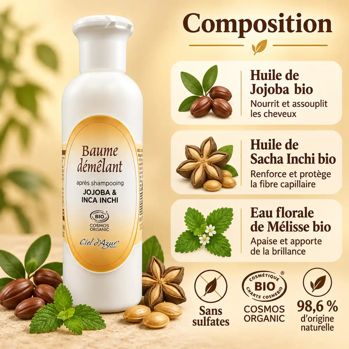 Baume démêlant bio Ciel d'Azur 250ml sur fond beige doré, entouré de graines de jojoba et de Sacha Inchi, avec fiches ingrédients bio et mention COSMOS ORGANIC