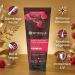 Baume Démêlant Brillance Centifolia 200ml avec infographie des 5 bénéfices : démêlage, brillance, kératine, protection UV, bio vegan