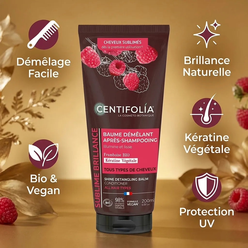 Baume Démêlant Brillance Centifolia 200ml avec infographie des 5 bénéfices : démêlage, brillance, kératine, protection UV, bio vegan