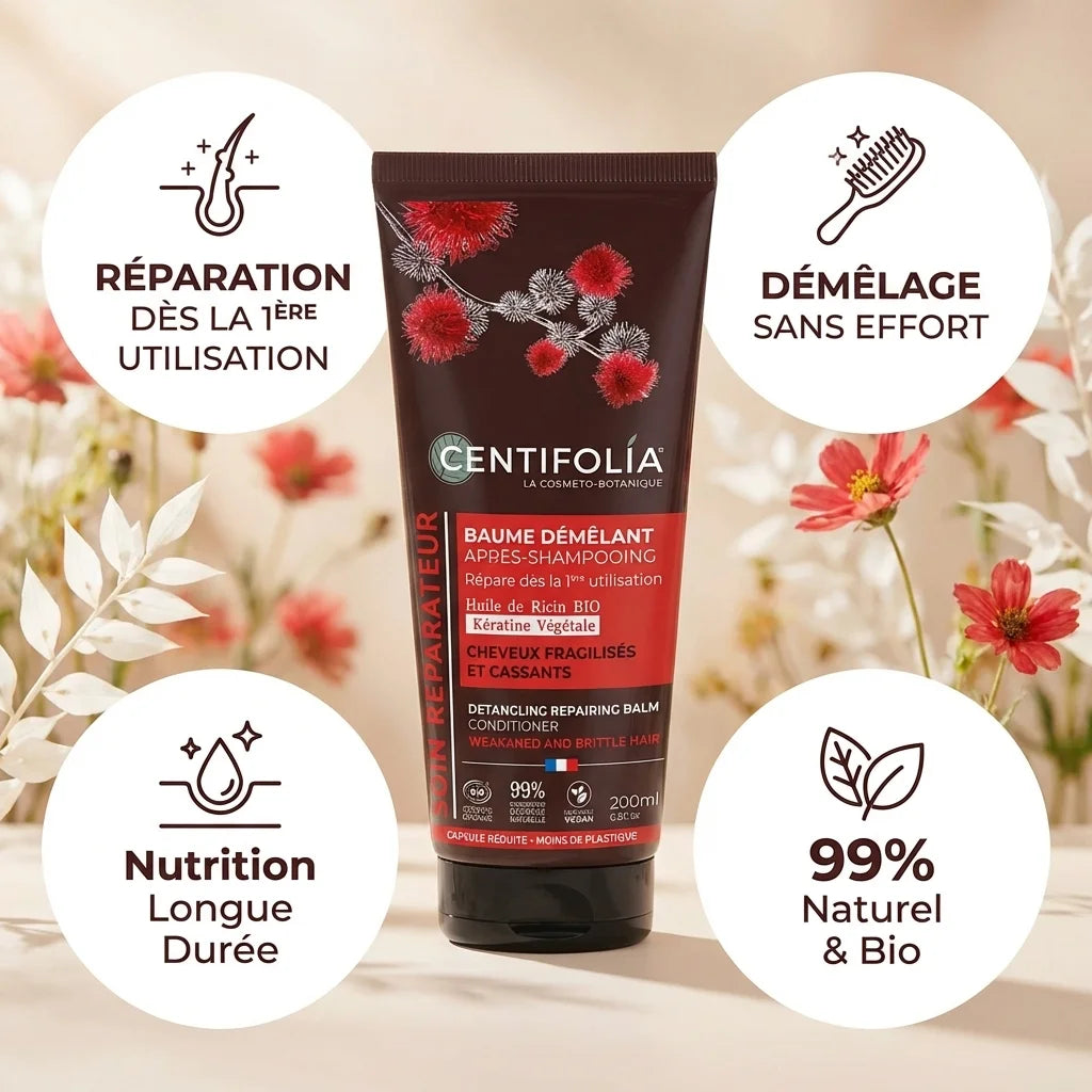 Baume Démêlant Réparateur Bio Centifolia 200ml avec bénéfices naturels et infographies