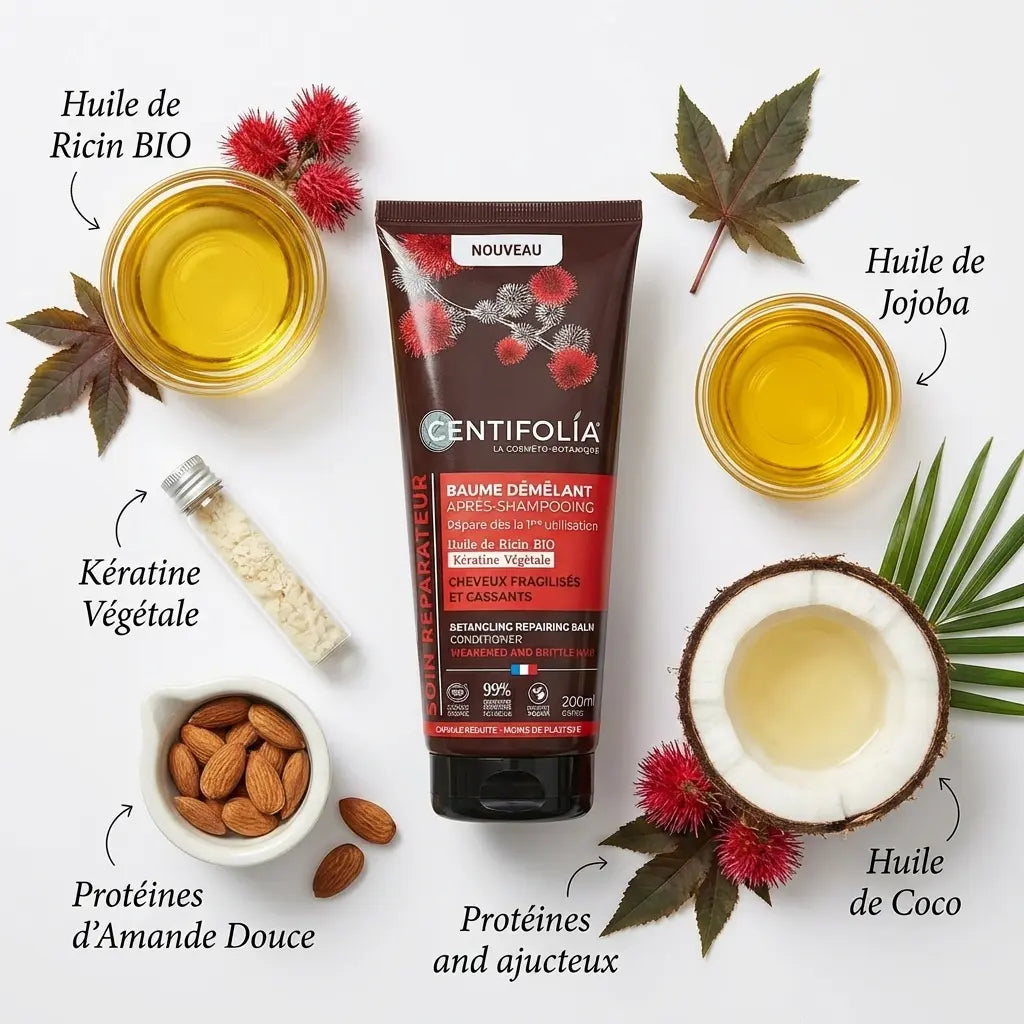 Baume après-shampoing bio Centifolia 200ml avec ingrédients naturels : huile de ricin, kératine végétale et jojoba