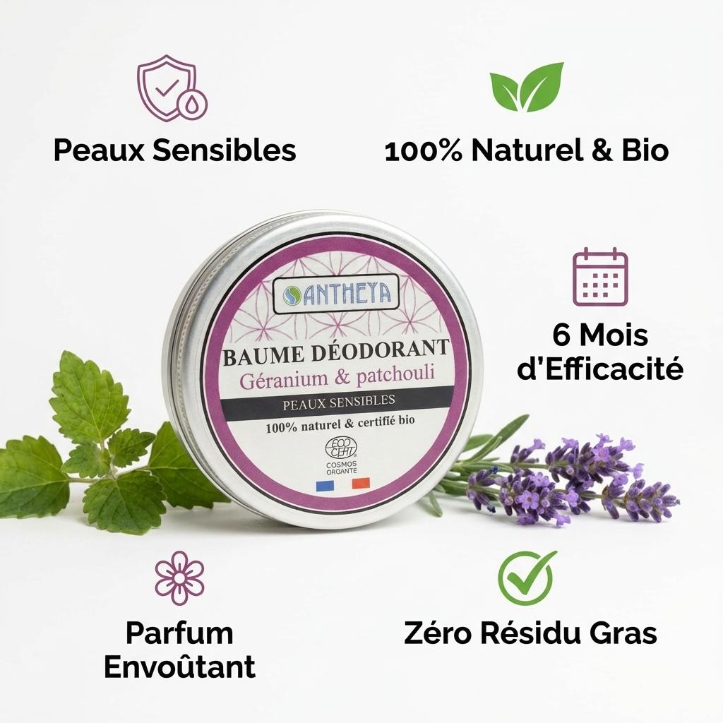 Baume déodorant Géranium & Patchouli Antheya avec ses 5 bénéfices : naturel, bio, efficace 6 mois, peaux sensibles, zéro résidu.