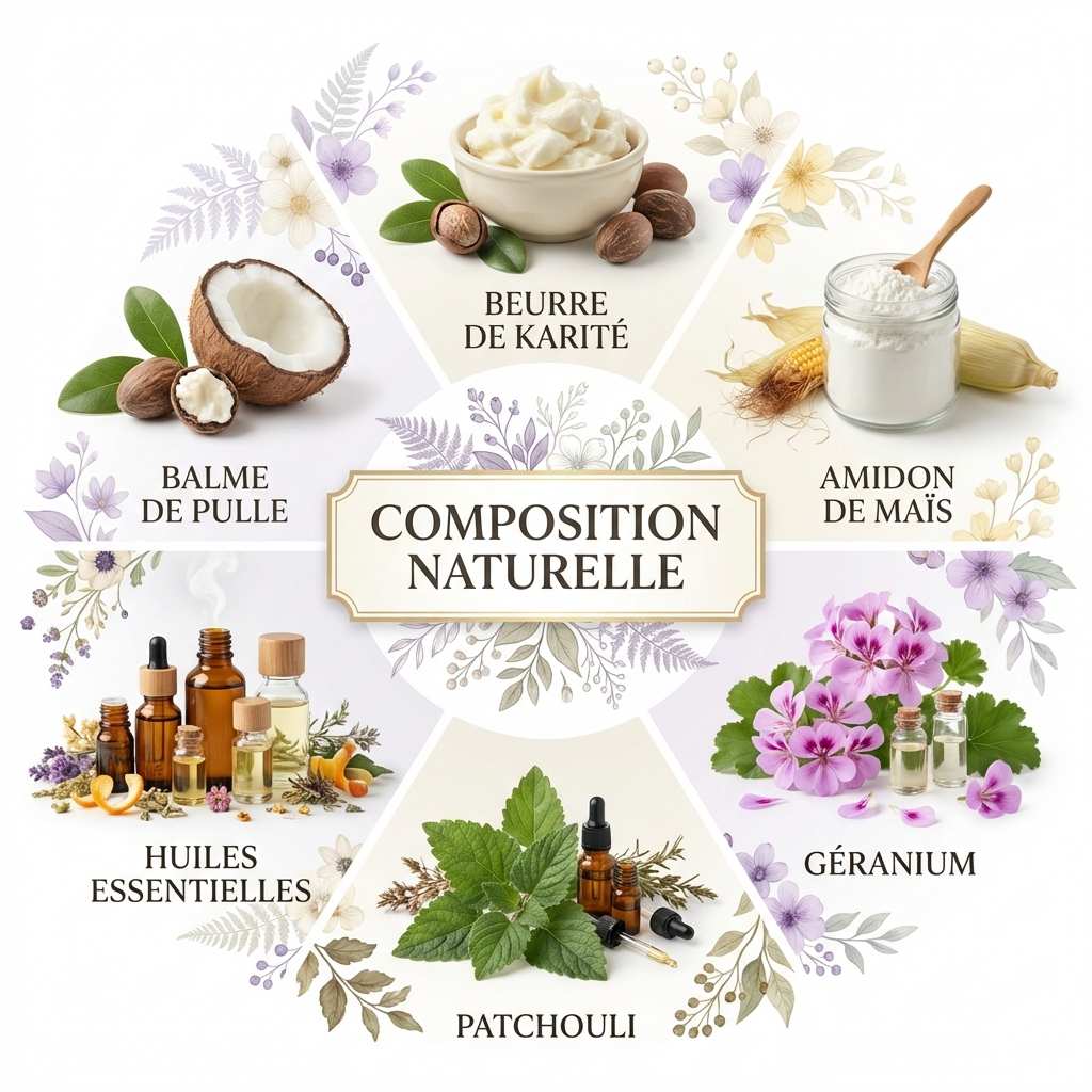 Baume déodorant Antheya avec ingrédients naturels : beurre de karité, géranium et patchouli