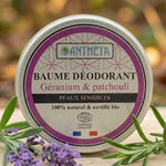 Baume déodorant fermé à la géranium et patchouli pour peaux sensibles de la marque Antheya