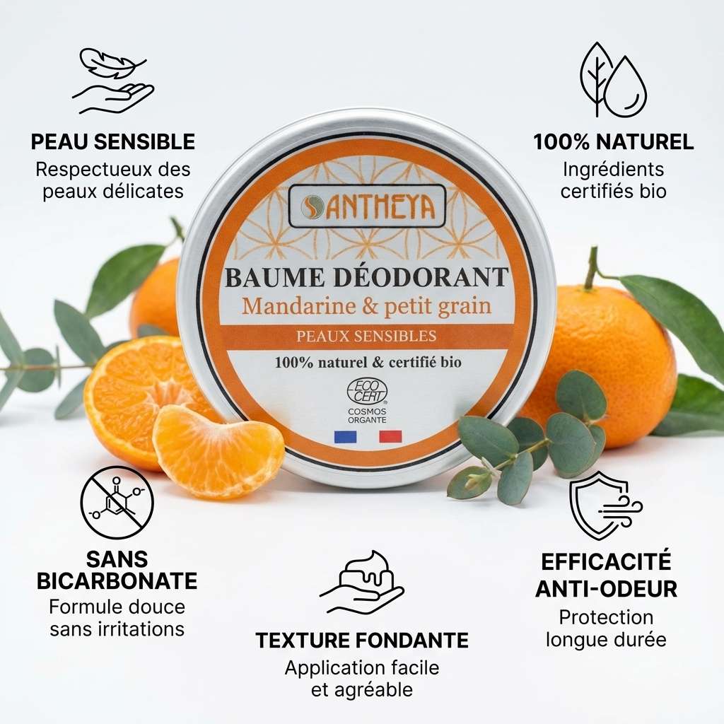 Baume déodorant Antheya Mandarine & Petit grain, naturel et sans bicarbonate, en pot avec label orange