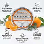 Baume déodorant Antheya Mandarine & Petit grain, naturel et sans bicarbonate, en pot avec label orange