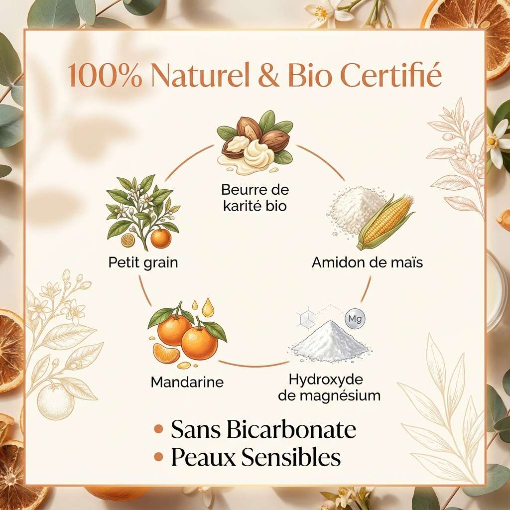 Baume déodorant Antheya mandarine et petit grain - infographie des ingrédients naturels bio