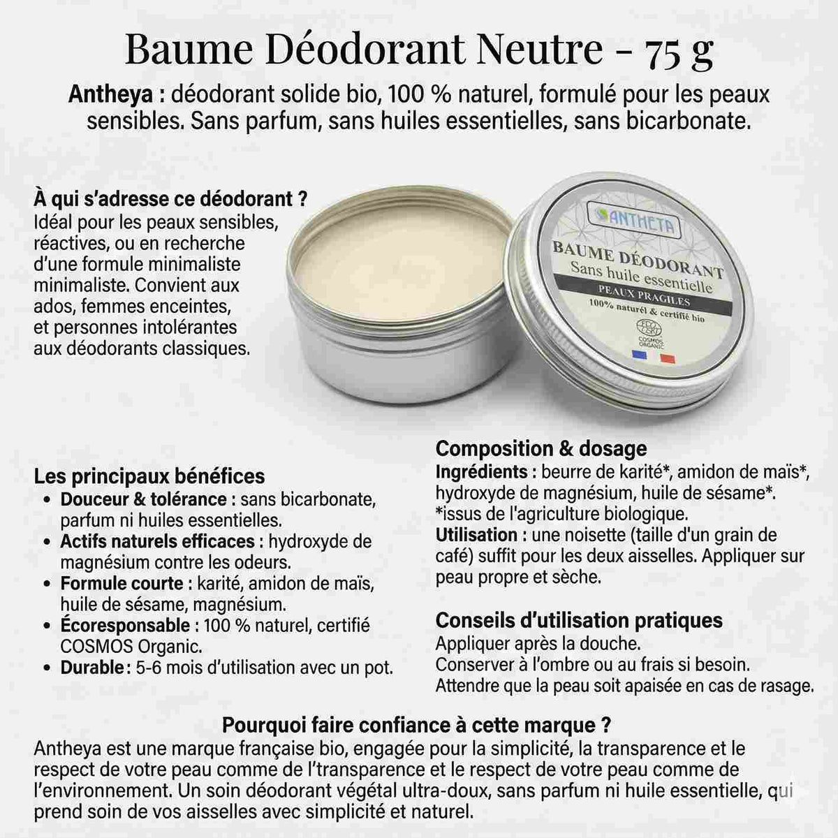 Les bienfaits du Baume Déodorant Neutre Solide Antheya