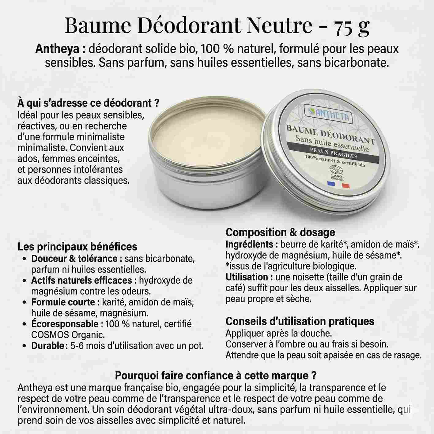 Les bienfaits du Baume Déodorant Neutre Solide Antheya