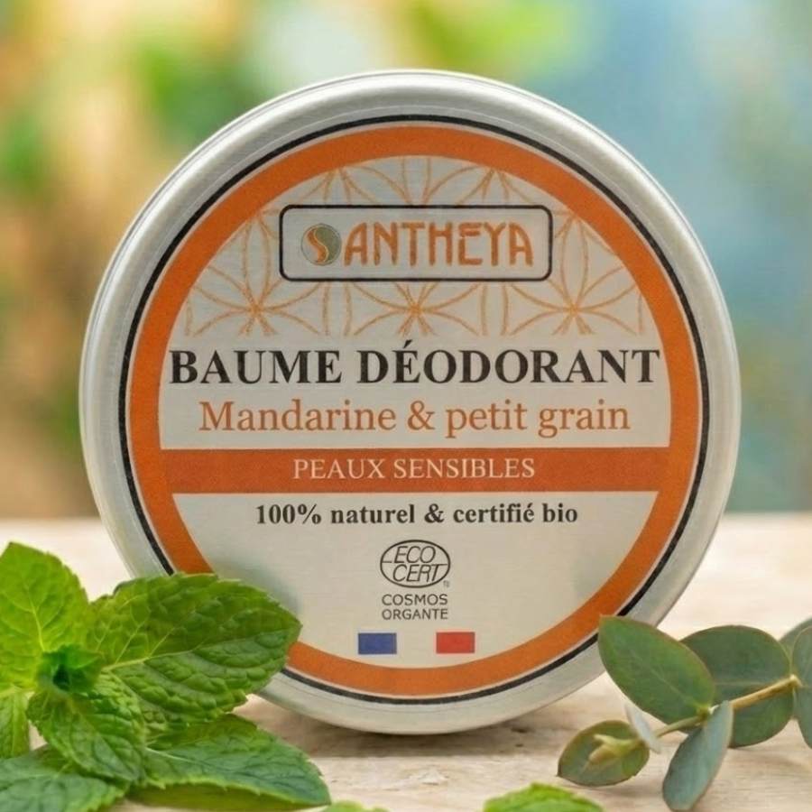 Baume déodorant fermé à la mandarine et petit grain pour peaux sensibles de la marque Antheya