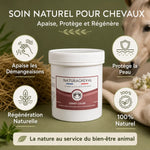 Baume Dermi-Calme 500g Naturacheval avec infographie des bénéfices apaisants pour chevaux
