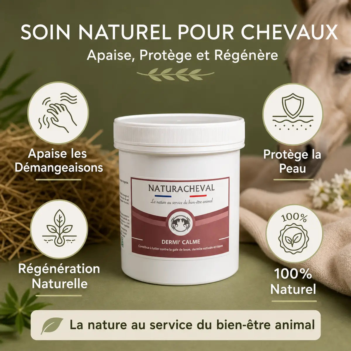 Baume Dermi-Calme 500g Naturacheval avec infographie des bénéfices apaisants pour chevaux