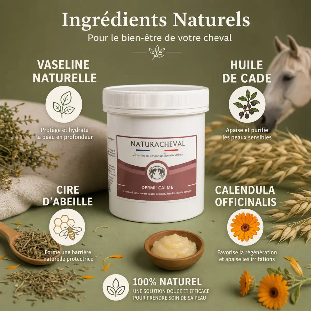 Baume Dermi-Calme 500g Naturacheval avec ingrédients naturels pour chevaux