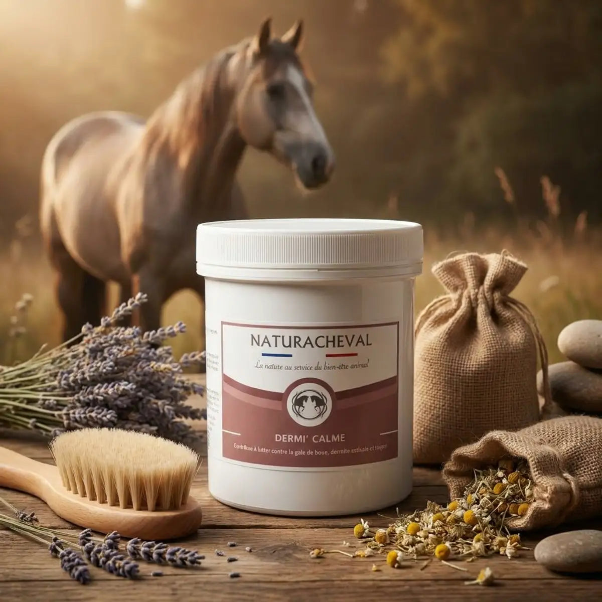 Baume Dermi-Calme 500g Naturacheval avec accessoires soins chevaux sur table bois