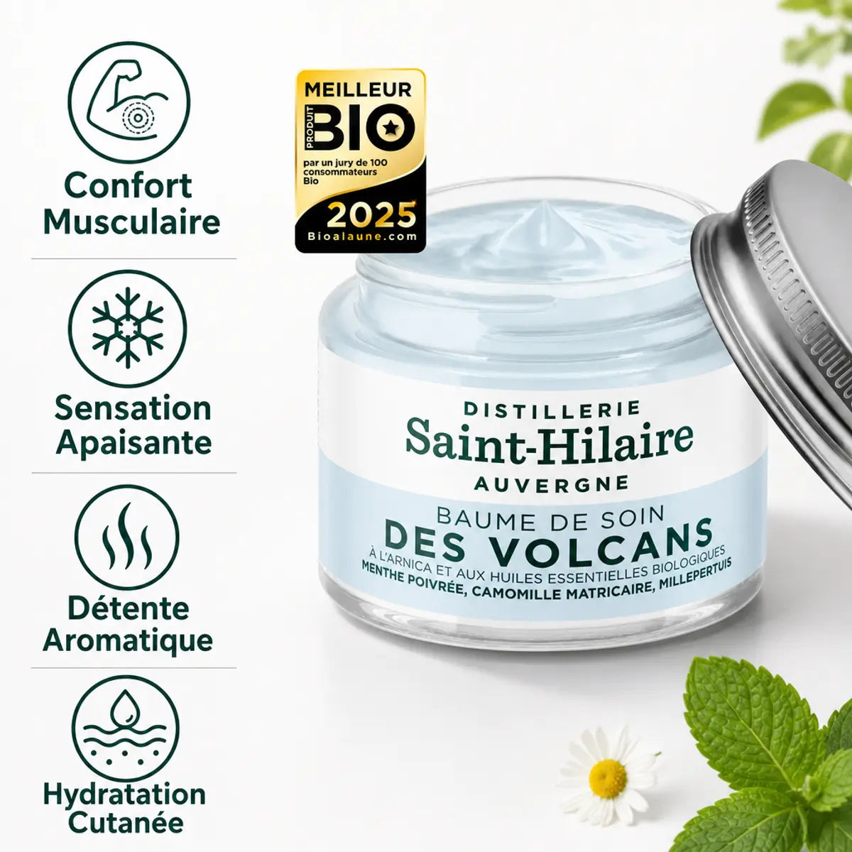 Baume des Volcans à l'Arnica 50ml avec infographie des bénéfices : confort musculaire, sensation apaisante, détente aromatique, hydratation cutanée
