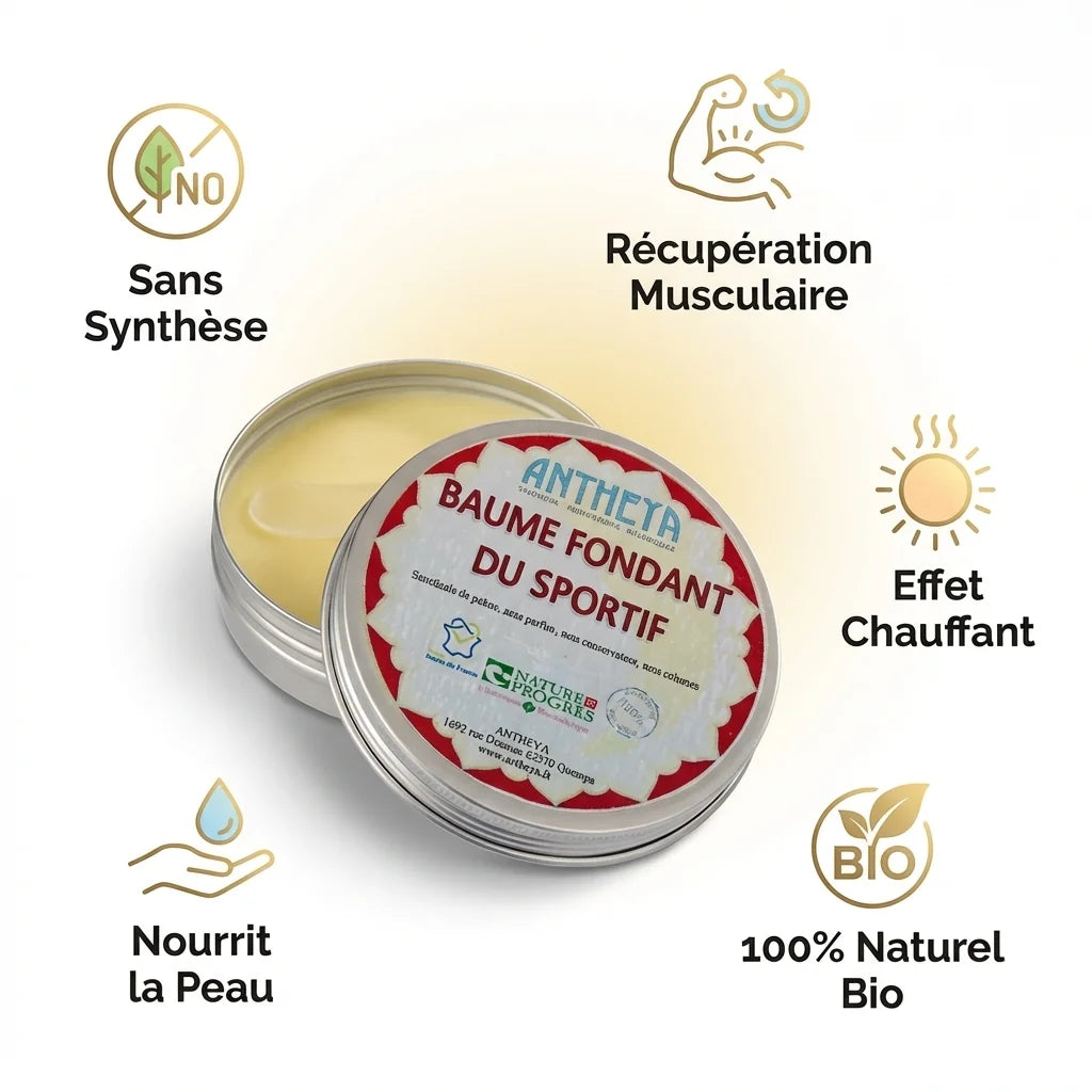 Baume du Sportif Antheya 75g avec icônes récupération musculaire, effet chauffant et ingrédients naturels bio