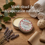 Baume du sportif Antheya 75g en pot rond sur surface bois avec botaniques et accessoires wellness
