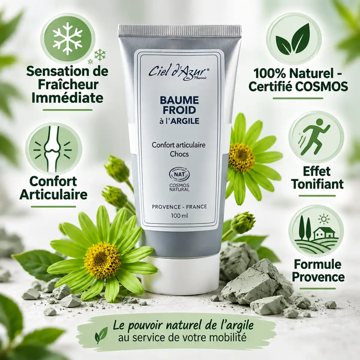 Baume froid à l'argile 100ml Ciel d'azur avec fleurs et bénéfices naturels affichés