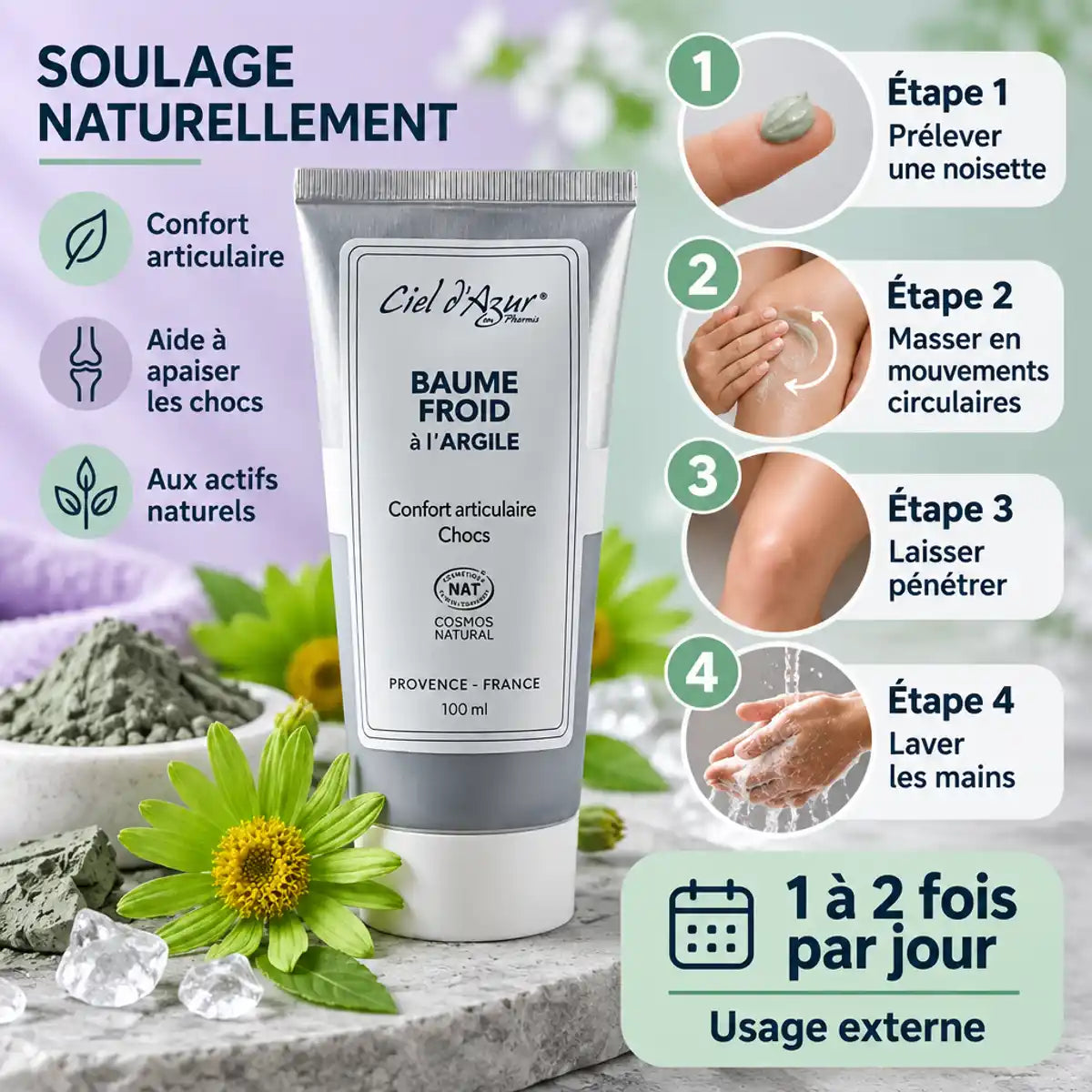Baume froid argile Ciel d'azur 100ml avec guide d'application en 4 étapes et mode d'emploi