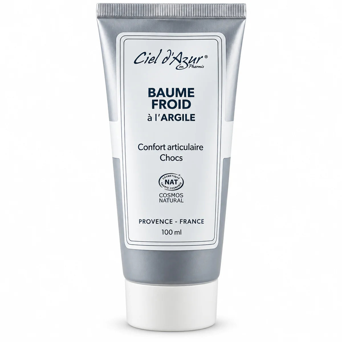 Baume froid à l'Argile Ciel d'azur 100ml tube gris-blanc sur fond blanc