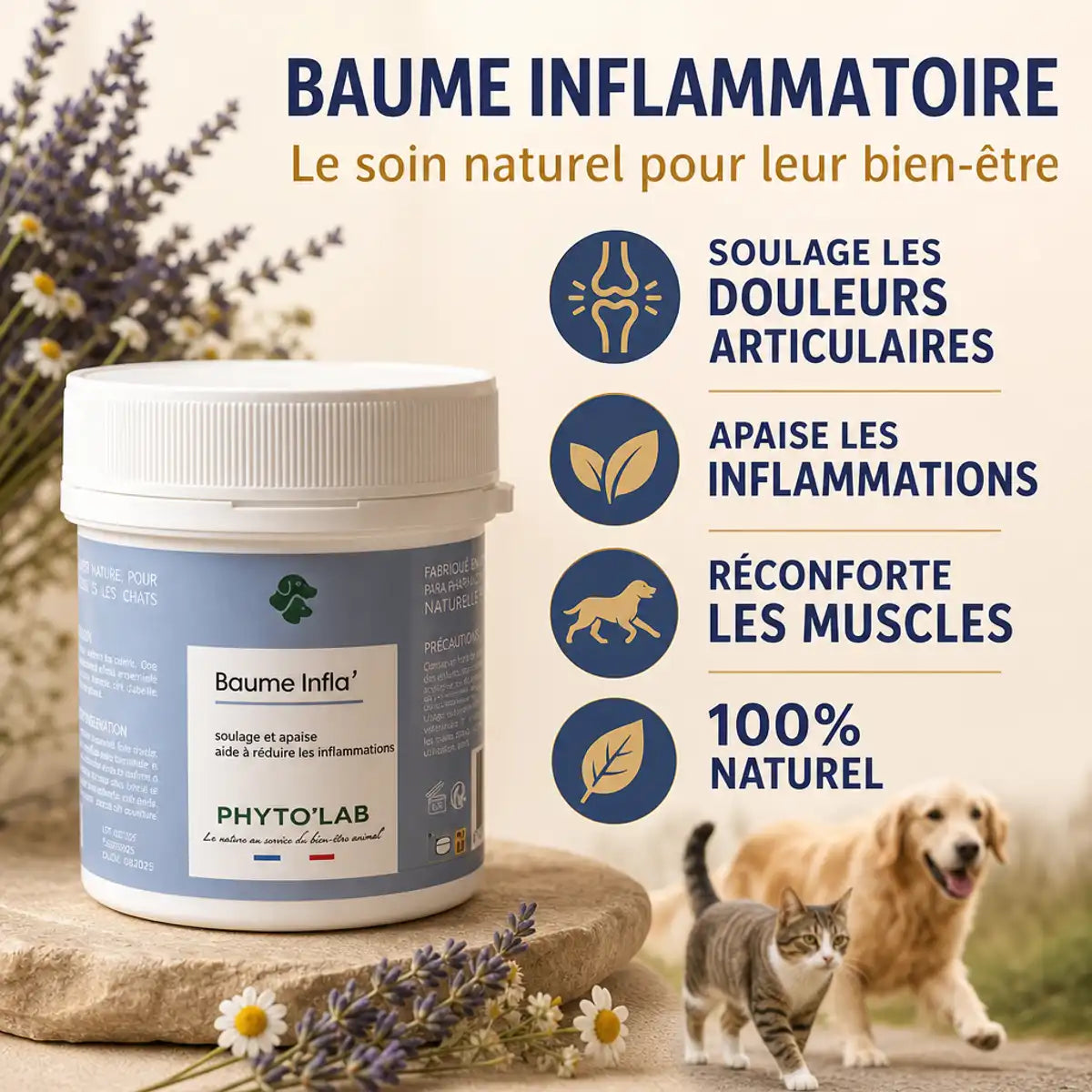 Baume Inflammatoire Phyto'Lab pour chiens et chats - Soulage douleurs articulaires et inflammations - 80g naturel