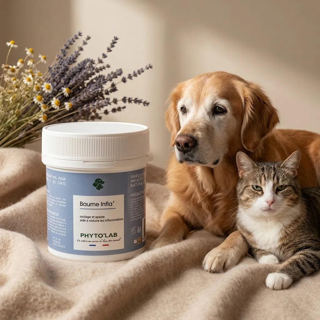 Baume inflammatoire Phyto'Lab 80g pour chien et chat avec animaux relaxés