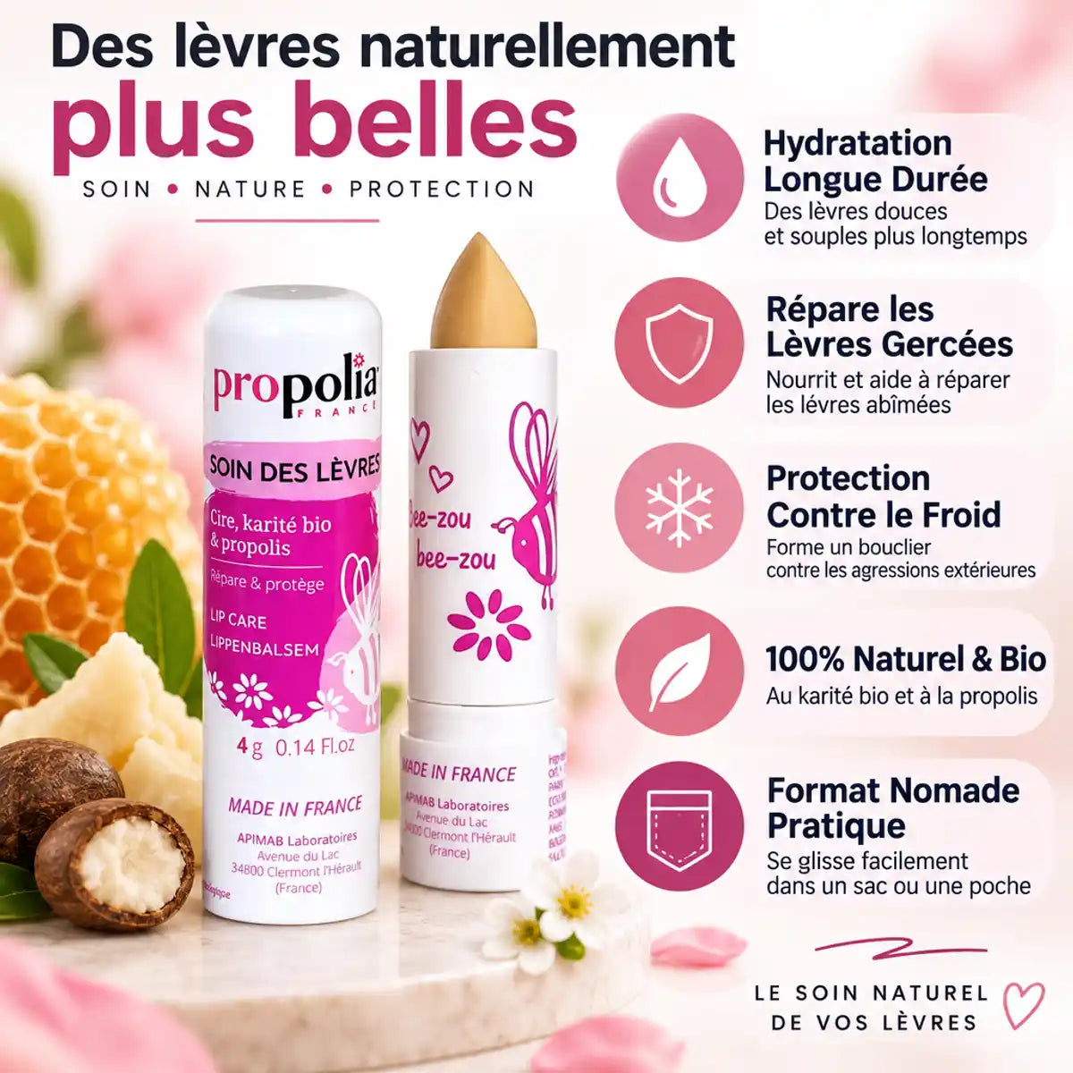 Baume lèvres Propolis & Karité Propolia avec infographie des 5 bénéfices naturels et bio